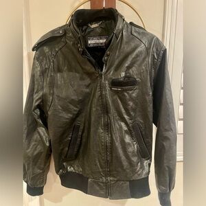 Men’s Members Only Black Leather Bomber Jacket with Epaulets